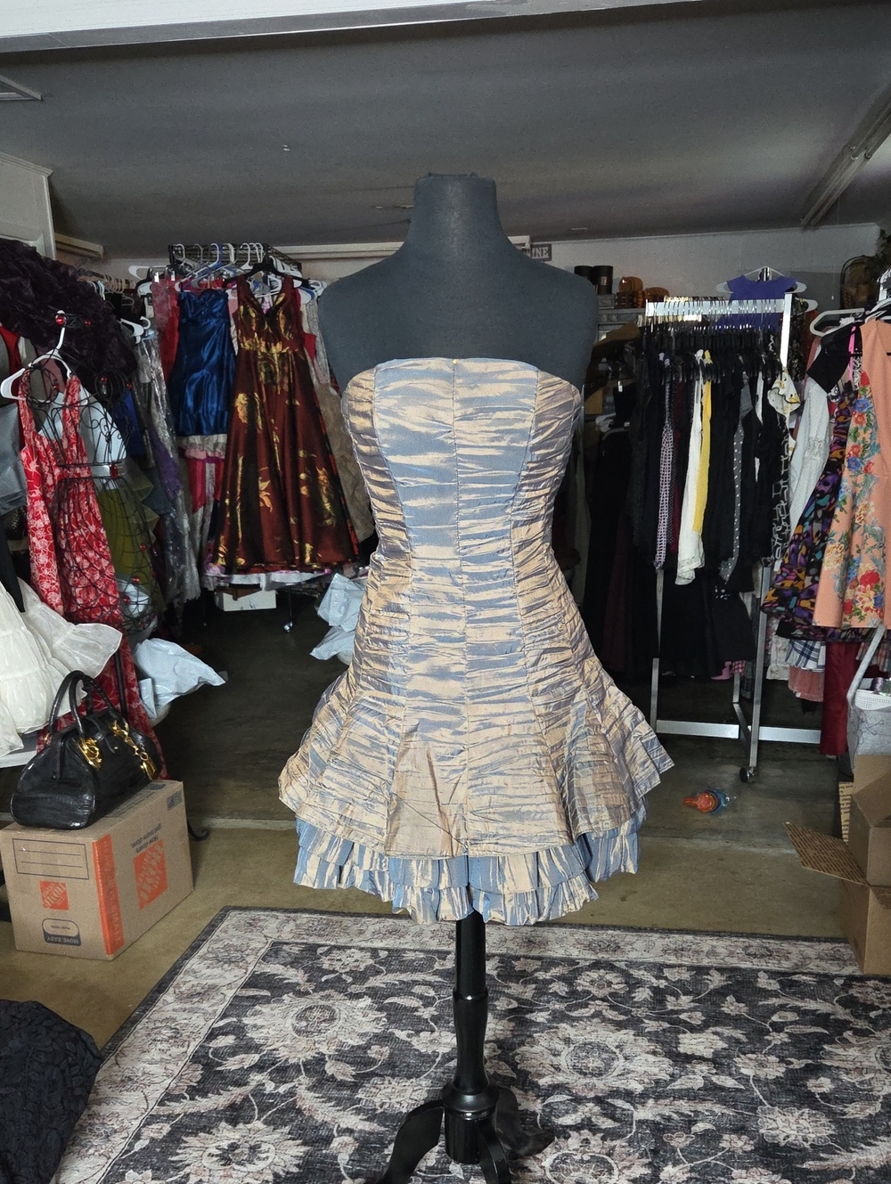 Jessica McClintock Strapless Blue and Beige Tiered Ruffle Mini Dress
